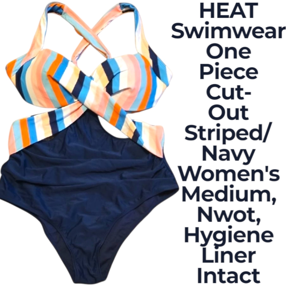 HEAT Swimwear Women's Medium Striped/Navy Cut-Out One Piece Nwot, Hygiene Liner